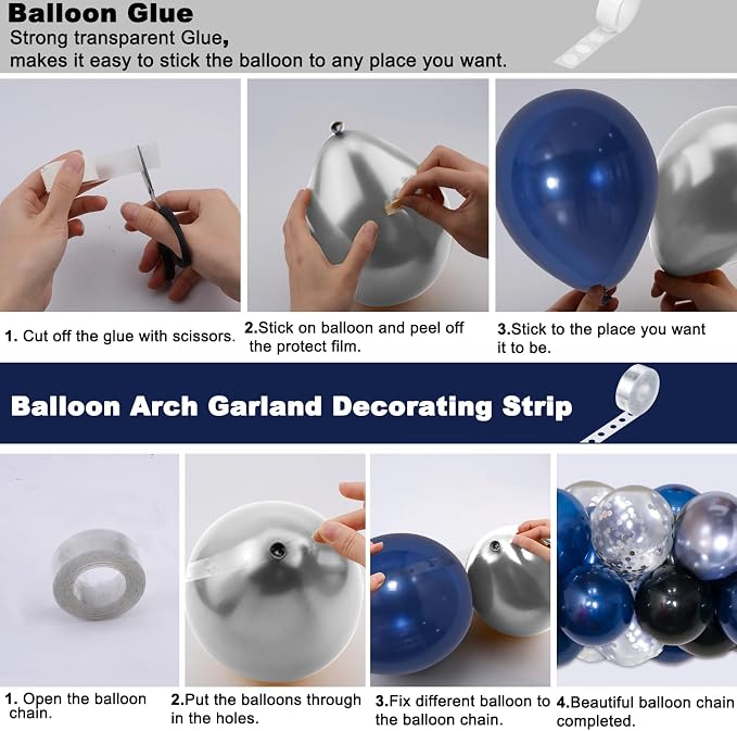 Blue and Black Birthday Decorations for Men Women, Happy Birthday Decorations for Boys Girls Silver Blue Party Decorations Backdrop Tablecloth Confetti Balloons Arch Kit Fringe Curtains Table Cover