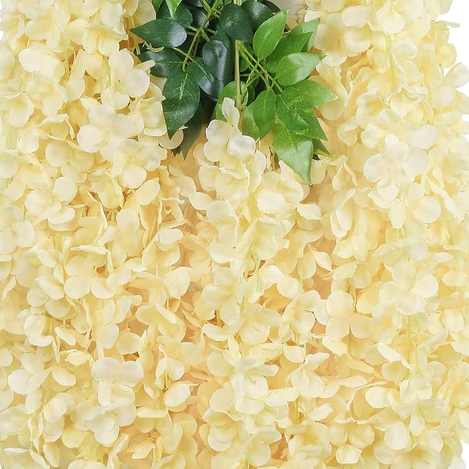 Pauwer Artificial Wisteria Flowers Vine Garland - 12 Pack Wedding Hanging Silk Flower String, Fake Ratta Garland, Champagne