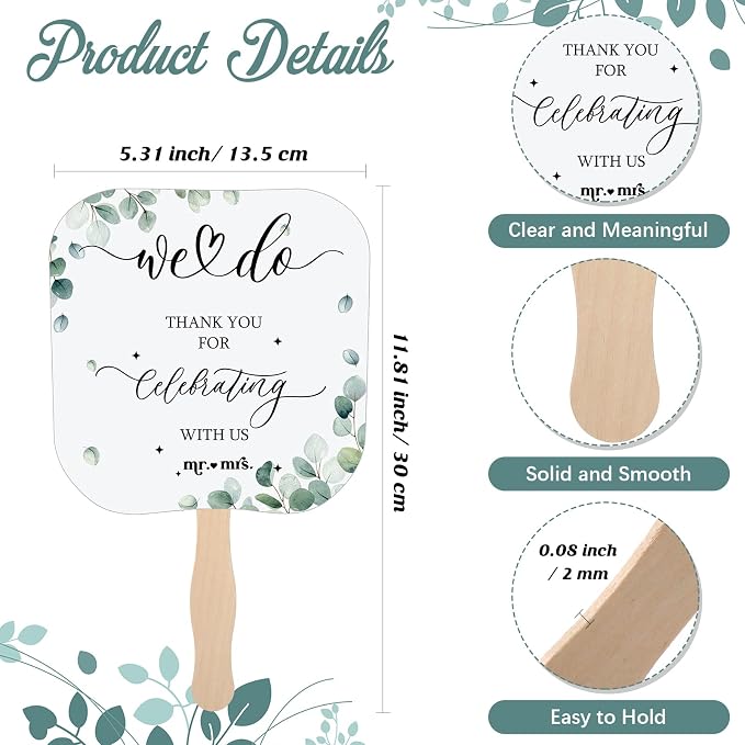 Fumete Wedding Favors for Guests 50 Pcs Wedding Fans and 1 Pc Table Sign Portable Paper Fan with Wooden Handle Hand Fan for Bridal Shower Party Favor Appreciation Gift(Greenery)