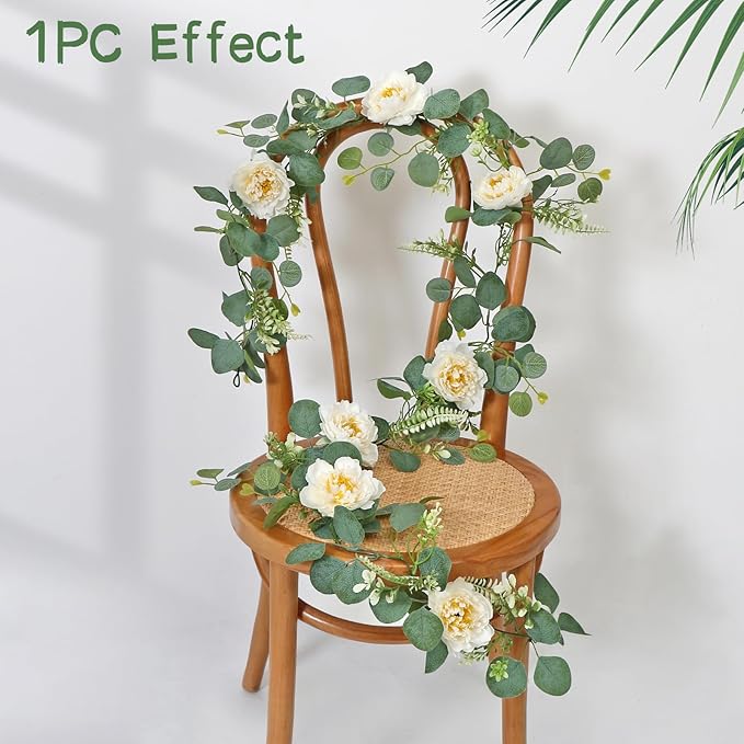 DEMIUKO 2PCS 6.56Ft Artificial Eucalyptus Flower Garland Fake Peony Flower Vine Faux Eucalyptus Leaves Greenery Garlands Spring Garland for Wedding Party Centerpiece Arch Table Runner Backdrop Decor