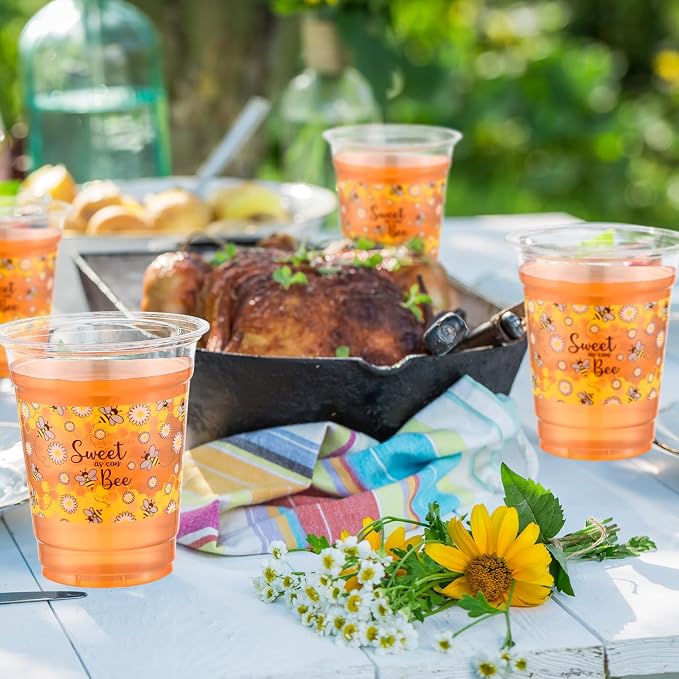 Funnymoom 60 Pack Bee Theme Cup 12 oz Honeycomb Disposable Clear Plastic Drinking Cups Bulk for Bee Day Birthday Baby Shower Party Decorations Favors