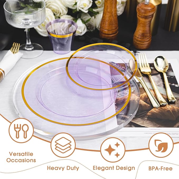N9R 350PCS Purple Plastic Dinnerware Set for 50 Guests, Gold Disposable Plates for Party, Include: 100 Plastic Plates, 50 Pre Rolled Napkins with Silverware and 50 Cups