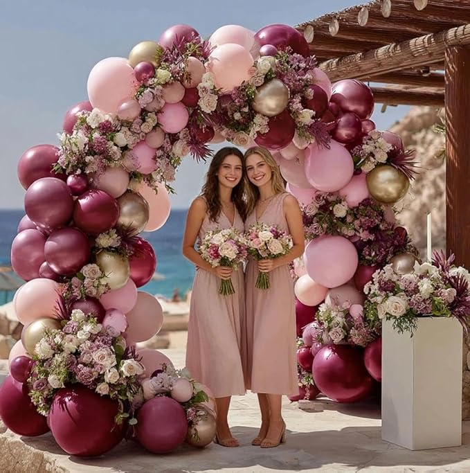 Burgundy Pink Balloon Garland Double Stuffed Pastel Light Pink Gold Mauve Balloons Maroon Lavender Latex Plum Balloon Arch Kit for Birthday Galentine Wedding Baby Shower Decoration