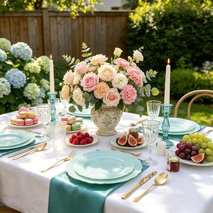WDF 60pcs Mint Green Plastic Plates - Baroque Dinner Plates Including 30 Green Plates Disposable10.25inch, 30 Dessert Plates 7.5inch for Upscale Wedding/Party/Picnic/Spring