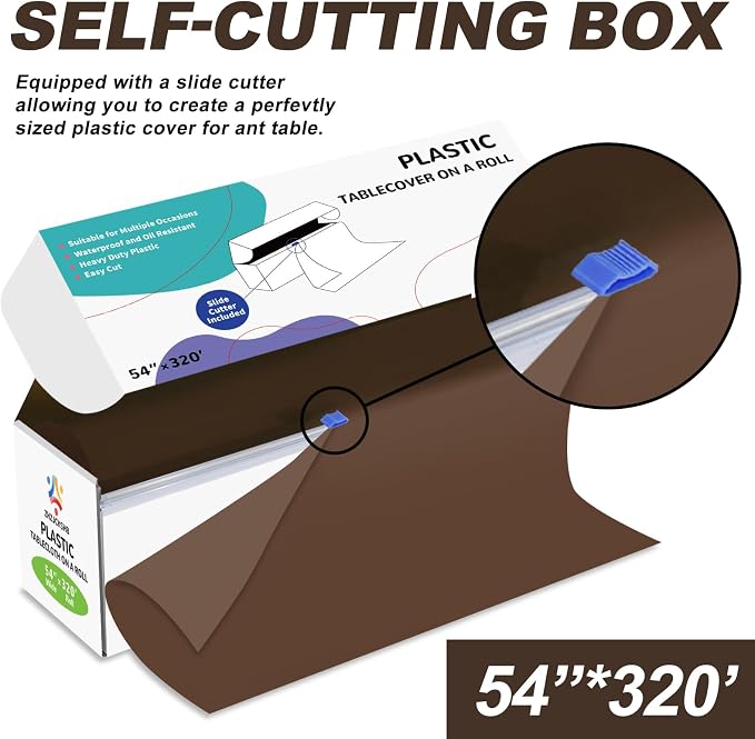 54IN X 320FT Plastic Table Cover Roll with Cutter Box, Cut to Size Plastic Table Cloths for Parties, Birthday, Disposable Tablecloth Roll for All Shape Tables (Brown, 54 Inch X 320 Feet)