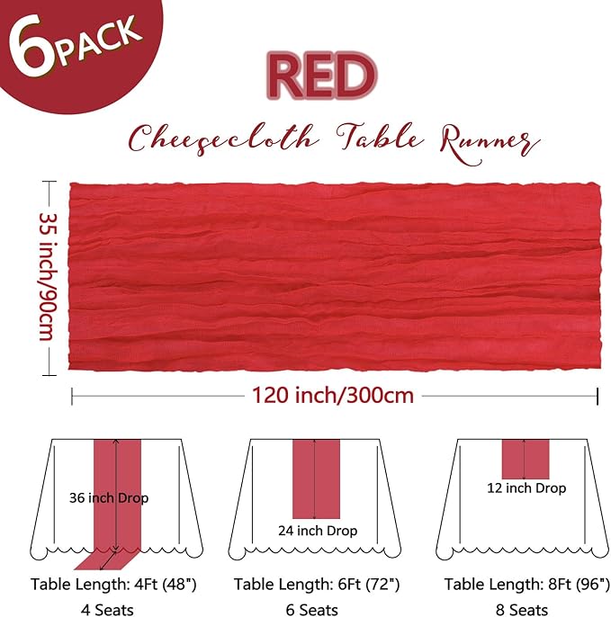 6 Pack Red Table Runner Cheesecloth 10Ft Spring Gauze Cheese Cloth Table Runner 35x120 Inch Boho Sheer Rustic Fabric for Holiday Party Decor Baby Shower Wedding Decorations