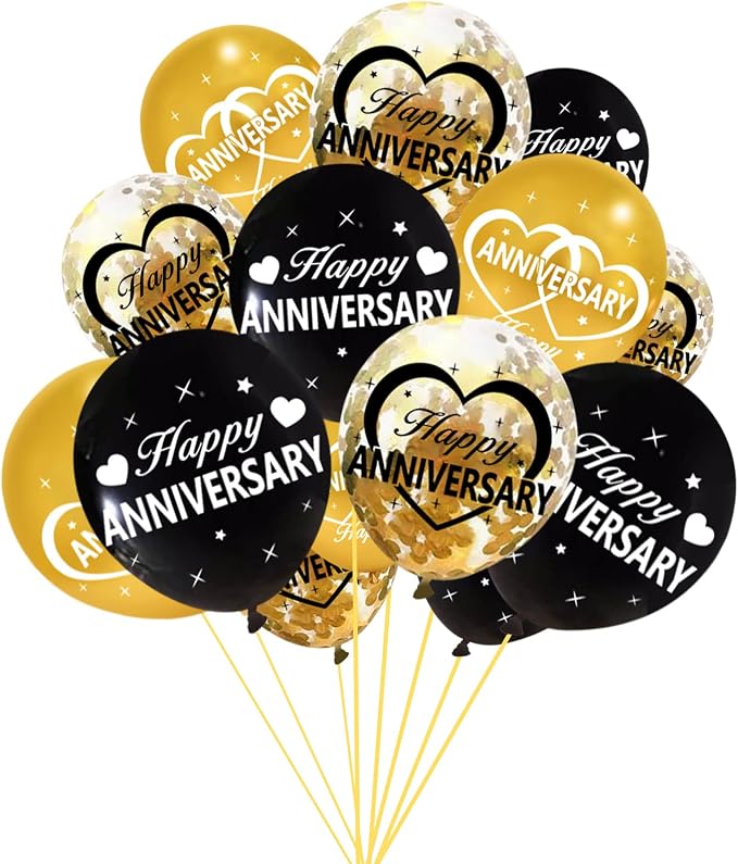 30Pcs Happy Anniversary Balloons Decorations Kit, 12 Inch Black Gold Happy Wedding Anniversary Latex Confetti Balloons Party Supplies, 10th 20th 30th 40th 50th 60th Indoor Outdoor