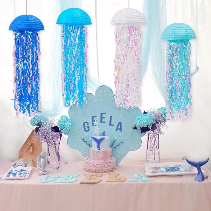Mermaid Party Decorations, Jellyfish Paper Lanterns Blue White Hanging Lantern for Mermaid Birthday Party Baby Shower Under The Sea Ocean Blue Birthday Decorations Pack of 8