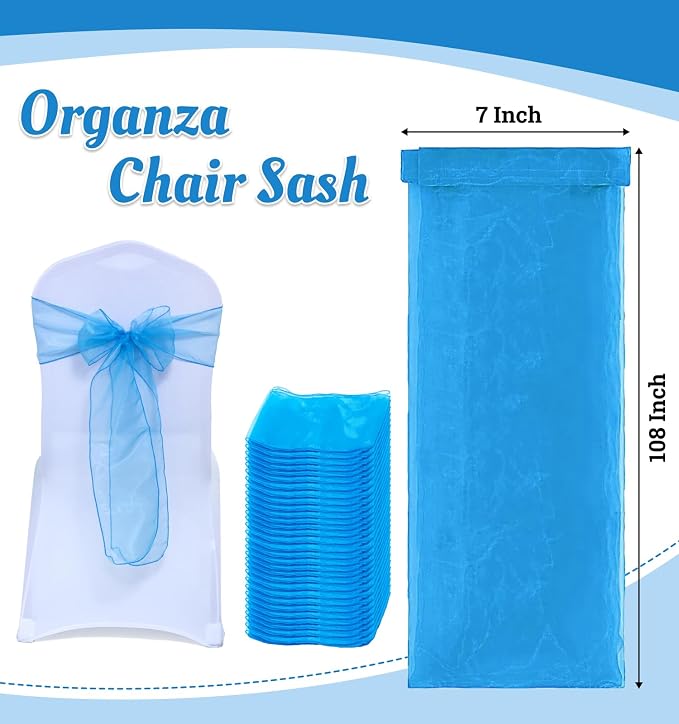 MDS® Pack of 125 Organza Chair Sashes for Wedding Decoration, Reusable Sheer Chair Bows for Banquet Chair Cover, Reception, Bridal Shower, Baby Shower, Birthday Party & Special Events - Blue