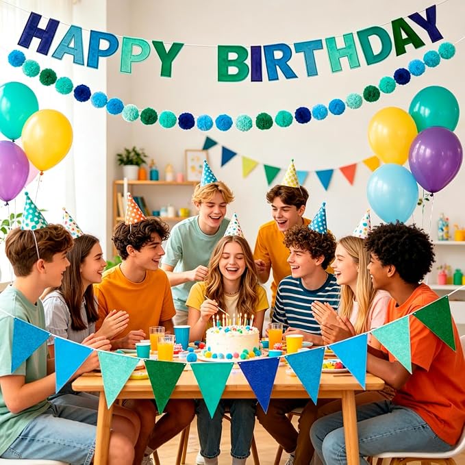 Pre-Strung 3D Happy Birthday Banner, 3 PCS Felt Reusable Birthday Decorations Set with Happy Birthday Letter Banners, Pom Pom Garland, Triangle Fabric Bunting, Blue Green Party Decor Sign Photo Prop