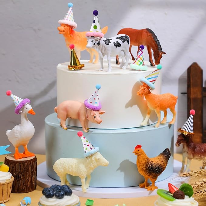 Colingmill 18 Pcs Farm Animal Birthday Party Decorations Mini Birthday Hat Animal Figure Model Cake Toppers with Mini Hat for Birthday Party, Animals Themed Party