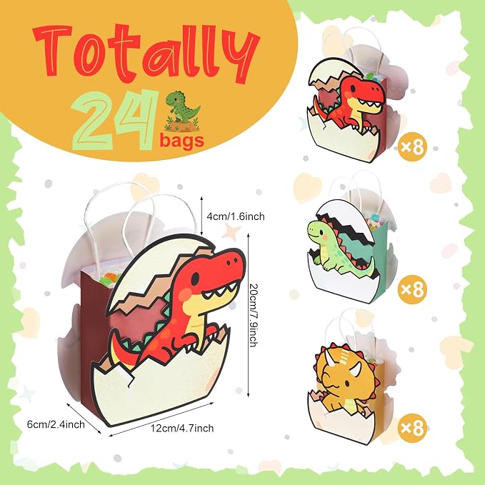 Tosstuki 24 Pcs Dinosaur Party Favor Bags 3D Dinosaur Birthday Gift Goodie Bags with Handles Little Dino Treat Paper Bag for Candy Dino Themed Birthday Party Decorations Supplies