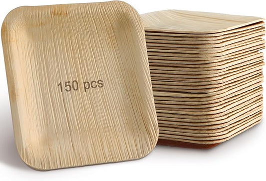 Didaey 150 Pieces 4 Inch Palm Leaf Square Bamboo Plates Disposable Wood Dinnerware Set Leaf Plates for Weddings Catering Events Birthday Summer Party