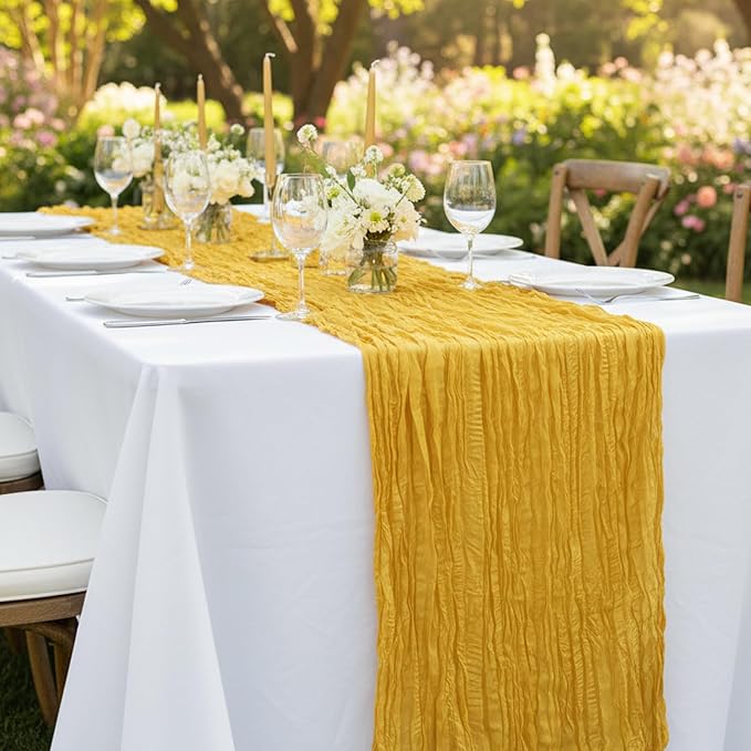 Gold Cheesecloth Table Runner 120 Inch 10FT Yellow Cheese Cloth Fabric Runners 1 Pack for Spring Home Decor, Birthday, Banquet, Wedding Decoration