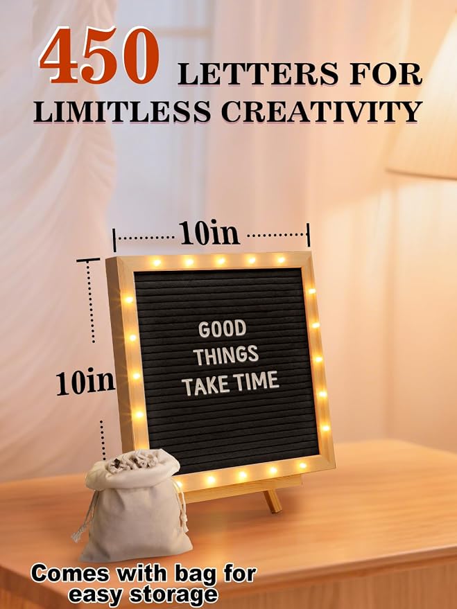 Changeable Felt Letter Board with LED Lights - 10×10" Message Custom Signs & Wood Stand& 450 Letters, Poster Board for Baby/Pregnancy Announcement/Classroom Wall Decor Gifts First Day of School, Black