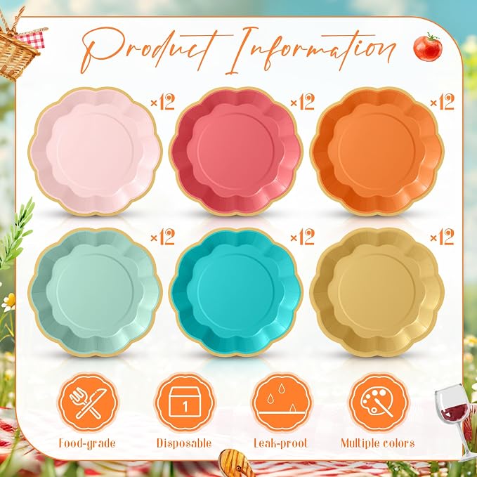 72 Pcs Colorful Coral Paper Plates 9 Inch Pastel Rainbow Gradient Scalloped Paper Disposable Dinner Dessert Plates for Birthday Wedding Bridal Party Supplies, 6 Colors