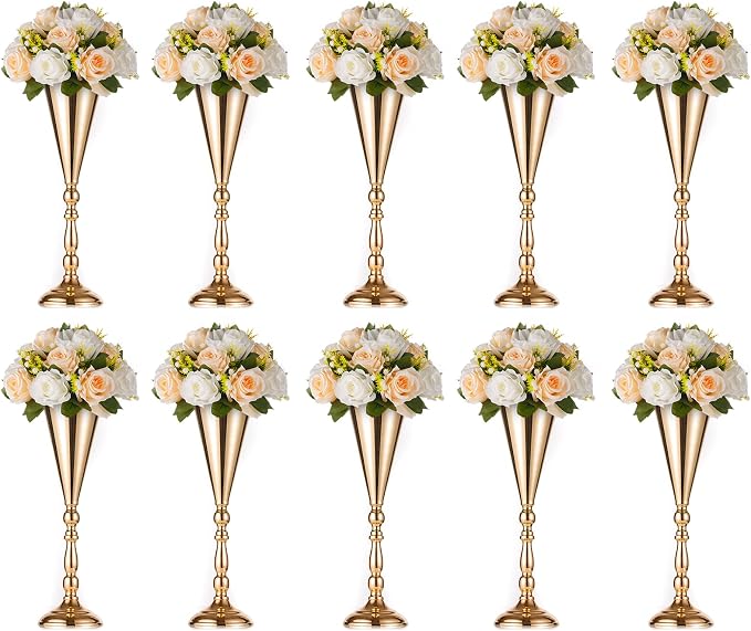 10 Pcs Tabletop Gold Metal Wedding Flower Trumpet Vase, 16.5 inch Table Decorative Centerpiece Artificial Flower Arrangements for Anniversary Ceremony Party Birthday Event Home Decoration (Gold)