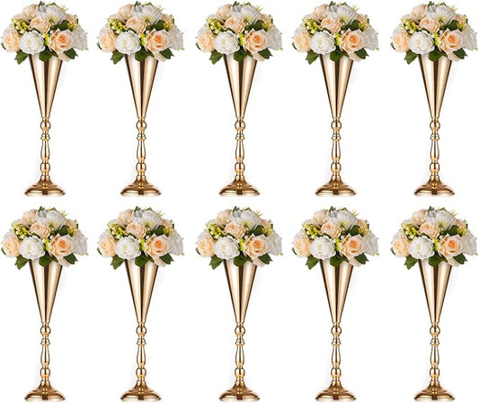 10 Pcs Tabletop Gold Metal Wedding Flower Trumpet Vase, 16.5 inch Table Decorative Centerpiece Artificial Flower Arrangements for Anniversary Ceremony Party Birthday Event Home Decoration (Gold)