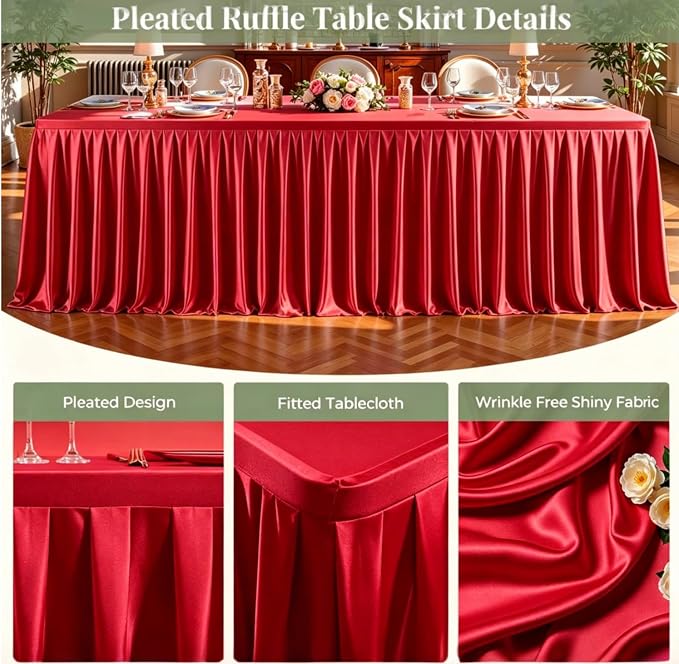 1 Pack Red Satin Tablecloths Rectangle 6FT, Glitter Spandex Fitted Stretch Table Covers Wrinkle-Free Floor Length Shimmer Table Skirt for Weddings Parties Baby Shower Banquets Vendor Events