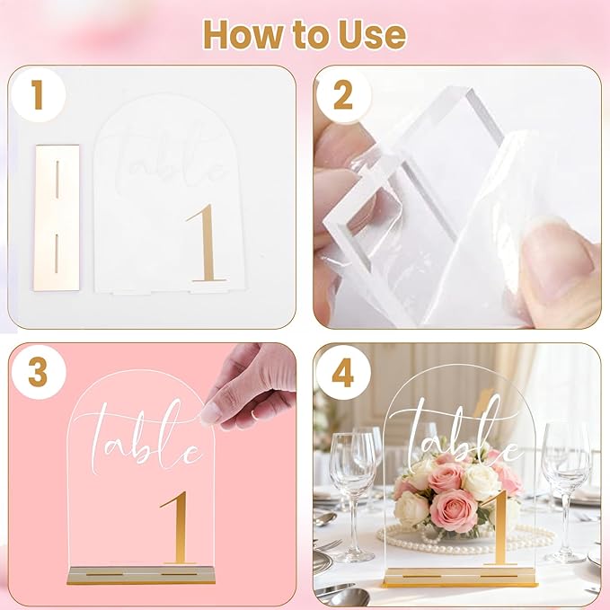 Arch Acrylic Wedding Table Numbers with Gold Font & Stands - 5''x7'' Clear Acrylic Table Number Signs for Wedding Reception, Anniversary, Event & Party Decor (Set 1-20)