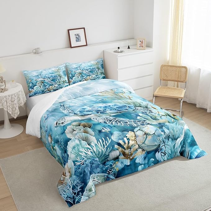 Feelyou Sea Turtle Comforter Set King Size Kids Summer Theme Comforter for Boys Girls Teens Ocean Marine Themed Bedding Set Underwater Animal Duvet Set Reptile Tortoise Quilt