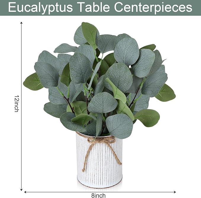 Eucalyptus Table Centerpieces - Set of 6 Artificial Greenery Plants with Farmhouse Metal Vase for Home Kitchen Decorations
