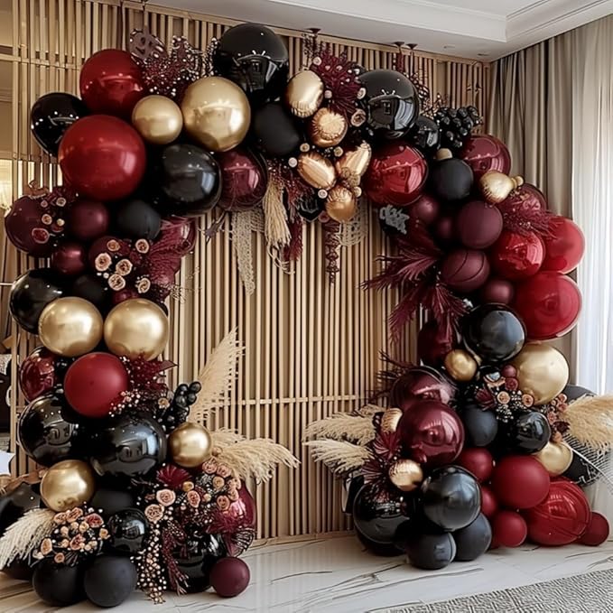 Burgundy Black Gold Balloon Garland Double Stuffed Dark Red Gold Maroon Black Balloon Arch Kit for Birthday Graduation Anniversary Prom Party Decoration