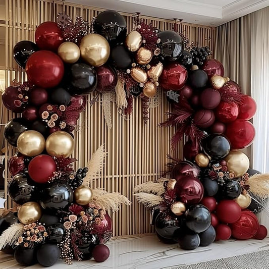 Burgundy Black Gold Balloon Garland Double Stuffed Dark Red Gold Maroon Black Balloon Arch Kit for Birthday Graduation Anniversary Prom Party Decoration