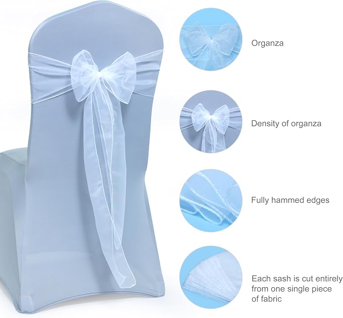 MDS® Pack of 10 Organza Chair Sashes for Wedding Decoration, Reusable Sheer Chair Bows for Banquet Chair Cover, Reception, Bridal Shower, Baby Shower, Birthday Party & Special Events - White