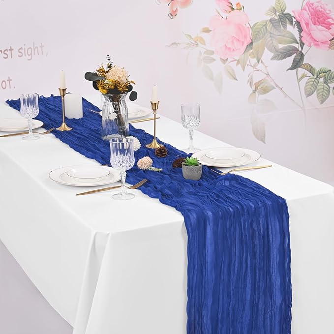 8 Pack Royal Blue Cheesecloth Table Runner 120 Inch 10FT Boho Rustic Sheer Gauze Cheese Cloth Table Runner for Wedding Baby Shower Birthday Party Table Decor