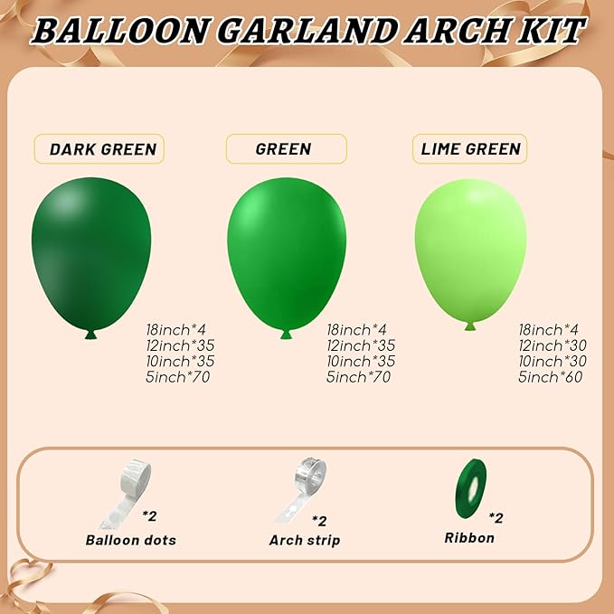 412pcs Green Balloon Garland Arch Kit, 18 12 10 5 inch Different Sizes Balloons for Green Jungle Forest Themed Birthday Party Decorations