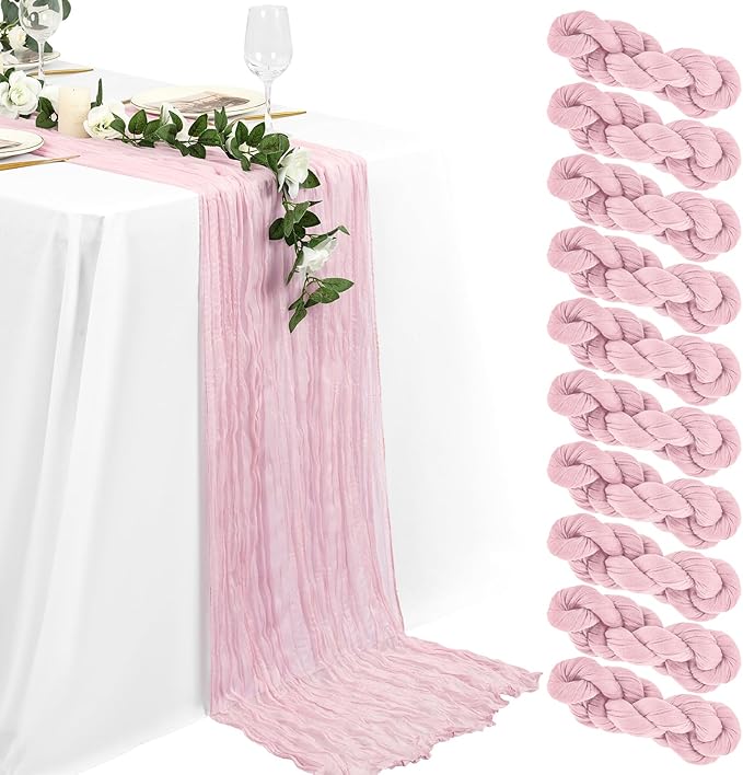 10 Packs Pink Cheesecloth Table Runner - Baby Pink, 35x120 inch Rustic Gauze Boho Wedding Table Runner Decoration for Wedding Party Bridal Shower