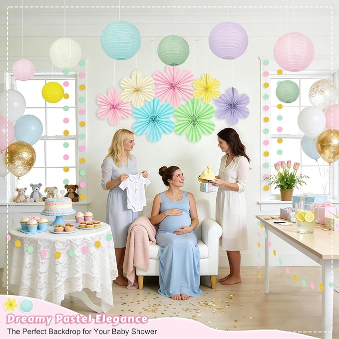 Spring Hanging Decorations - 20Pcs Pastel Party Decorations | Paper Lanterns & Flower Fans Set with Glitter Garland for Pastel Classroom Decor, Office, Baby Shower, Wedding & Easter Wall Decor