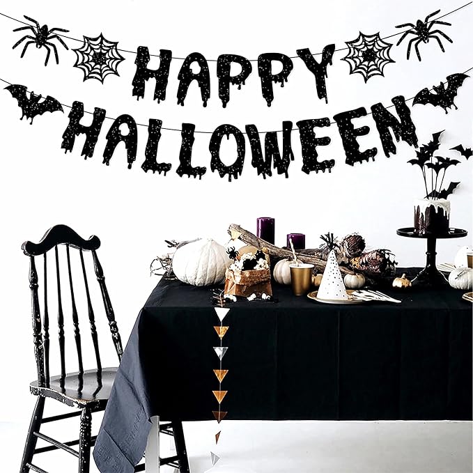Purple Black Happy-Halloween Party Decorations - 13PCS Spider Web Bats Streamers Banner ,Paper Flowers Lanterns Tissue Pom Poms Fans, Classroom Birthday Bachelorette Hanging Supplies Decor Hugfond