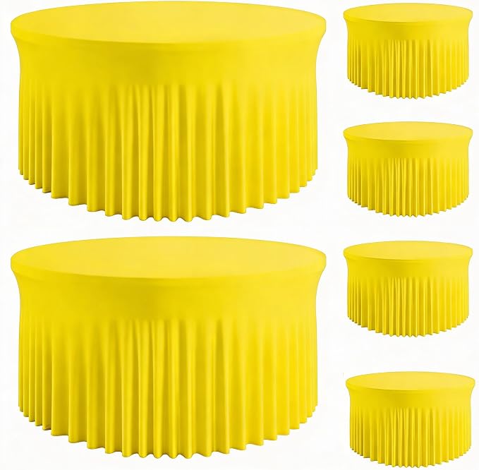 6 Pack Yellow 60 inch Round Spandex Tablecloth,Wrinkle-Free Stretchy Fitted 5FT Round Tables,Elastic Edge with Skirt,Washable Tablecloths for Wedding Banquet Party Birthday Buffet