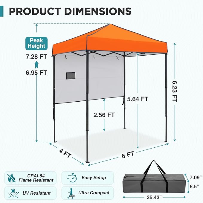 EAGLE PEAK 6x4 Instant Pop Up Canopy Tent with 1 Half Wall Panel, Straight Leg Sun Shelter, Portable Canopy with Carry Bag for Camping, Beach & Sports, Orange