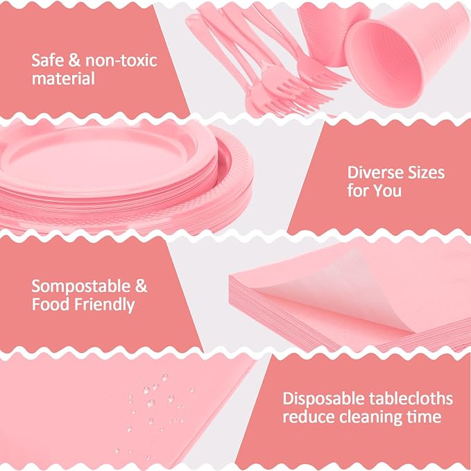 Pink Plastic Plates for Party,30 Guest Disposable Plastic Plates Set 9" Plates,7" Dessert Plate,Napkins,Cups,Forks & Tablecloth for Birthday Wedding Baby Shower,Girlfriends Tea Party