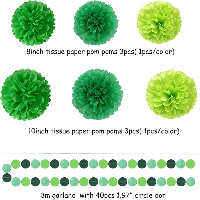 Green Party Decorations Tissue Pom-Poms - 23pcs St Patricks Day Paper Flowers Streamers,Spring Summer Wedding Engagement Tassel Garland Banner,Birthday Baby Bridal Shower Decor Ouruola