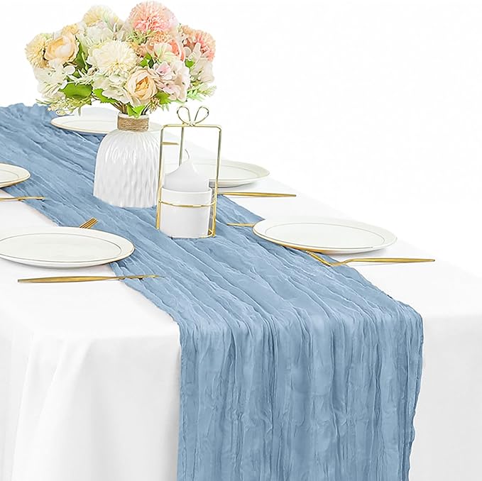Dusty Blue Cheesecloth Table Runner 10FT Runner for Tables 35 x 120 Inches Long Gauze Boho Fabric Table Runner Decoration Rustic Sheer Runner for Wedding Birthday Baby Shower Party (Dusty Blue)