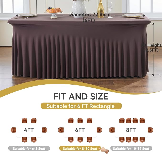 Outpain Brown Spandex Table Clothes for 6 Foot Rectangle Tables-6Pack 6FT Spandex Fitted Table Cover, Wrinkle Free Tablecloths with Skirt for Parties, Wedding, Birthday, Banquet, Festival