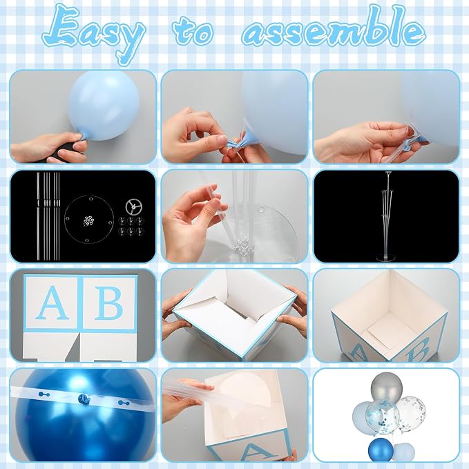 6 Sets Blue Boy Baby Shower Table Centerpiece with Paper Letter Boxes, Stand, Blue and White Balloon DIY Baby Shower Party Table Decor Kit for Boy 1st Birthday Gender Reveal Party Supplies