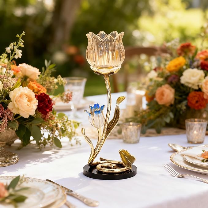 Luxury Crystal Glass Flower Candle Holder – Romantic French-Style Aromatherapy Tea Light Stand, Gold Floral Table Centerpiece for Weddings, Home Decor, Romantic Ambiance