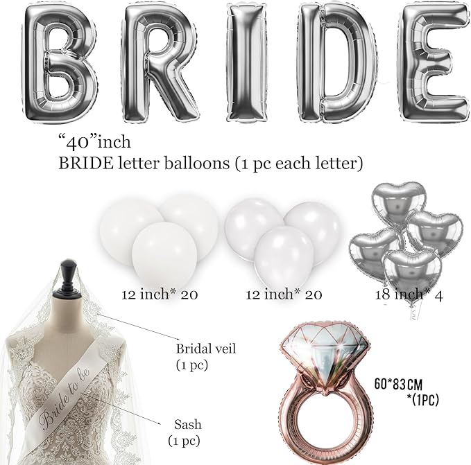 Silver Bridal Shower party decorations with huge 40in silver BRIDE letter Pearl Balloons BRIDE to be Sash Bridal Veil Diamond Ring Heart shape Balloons For Bachelorette party Wedding supplies