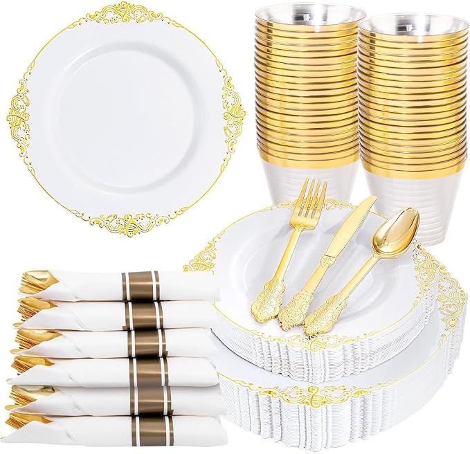 Nervure 175PCS White and Gold Plastic Plates - Disposable Dinnerware Set Include 50 Gold Plates for Dinner and Dessert, 75 Cutlery, 25Cups 25Napkins for Wedding & Party