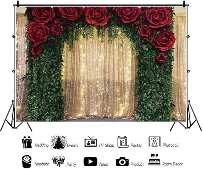 12x6ft Golden Glitter Backdrop for Photography Red Rose Green Leaves Arch Gold Sequin Photography Background for Wedding Anniversary Engagement Party Decoration Supplies Portrait Photo Booth Props