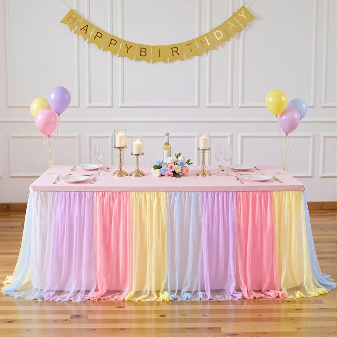 Rainbow Tulle Birthday Party Tablecloth for 6 Foot Rectangular Tables 6ft Rectangle Rainbow Table Cloths for Parties Wrinkle Free Table Cover with Tutu Skirt for Baby Shower Girls Banquet Buffet Cake