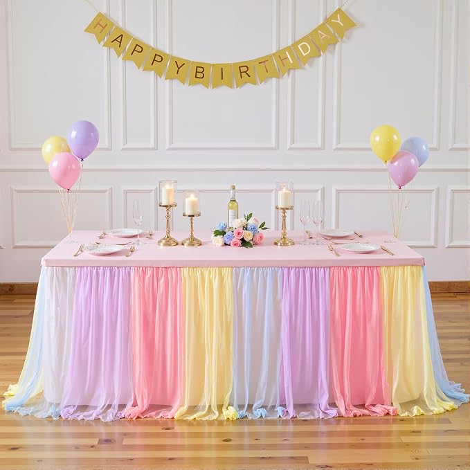 Rainbow Tulle Tablecloth for 8 Foot Rectangular Table, 8ft Rainbow Rectangle Table Cloth, Wrinkle Free Tablecover with Tutu Skirt for Wedding Birthday Party Baby Shower Banquet Buffet Cake Event