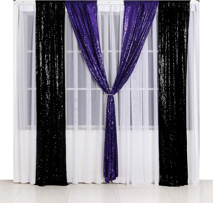 Poise3EHome 2ft x 8ft Purple Sequin Photography Backdrop Curtain 2 Panels for Halloween Party Decoration