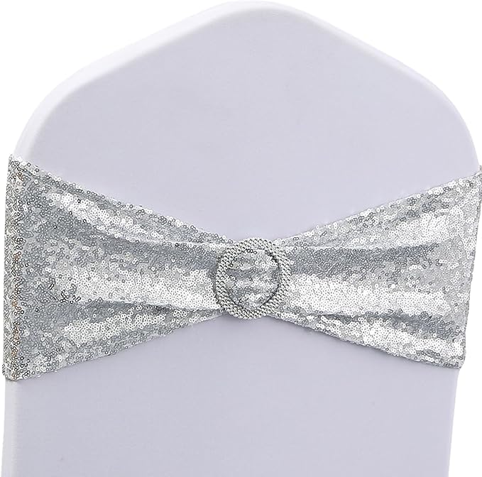 Sequin Silver Chair Sashes 50 Pack Glitter Silver Chair Bows Bands with Buckle for Wedding Birthday Party Bridal Shower Anniversary Engagement Christmas Events Decorations