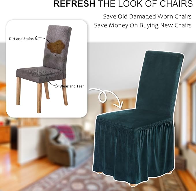 NICEEC Spandex Chair Covers for Dining Chairs Covers Set of 6 Removable Dining Room Chair Covers with Skirt Parson Chair Slipcovers Washable Chair Protector for Kitchen Wedding Banquet(Dark Teal)